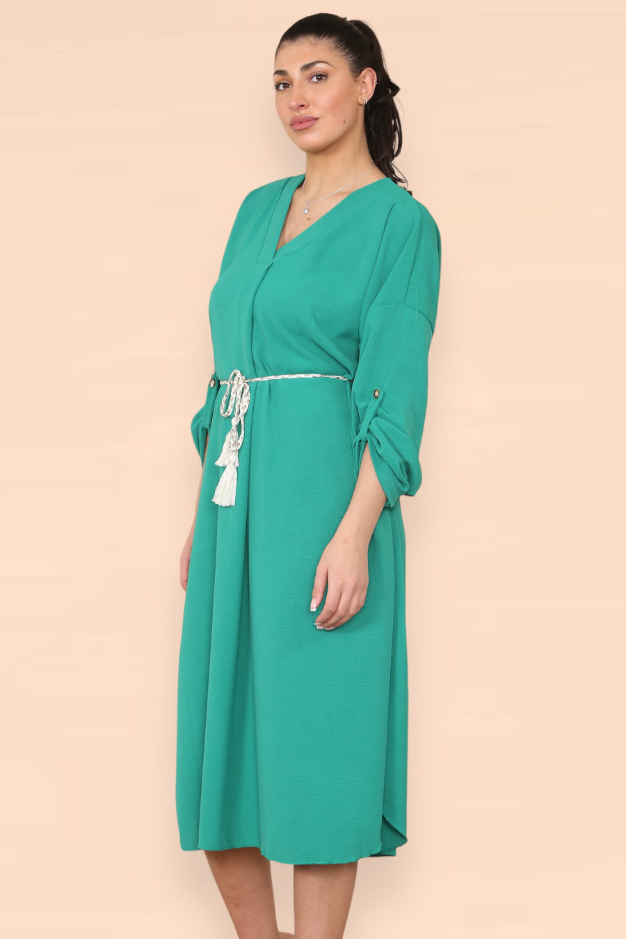 V-Neck Casual Dress with Braided Waist Tie and Sleeves