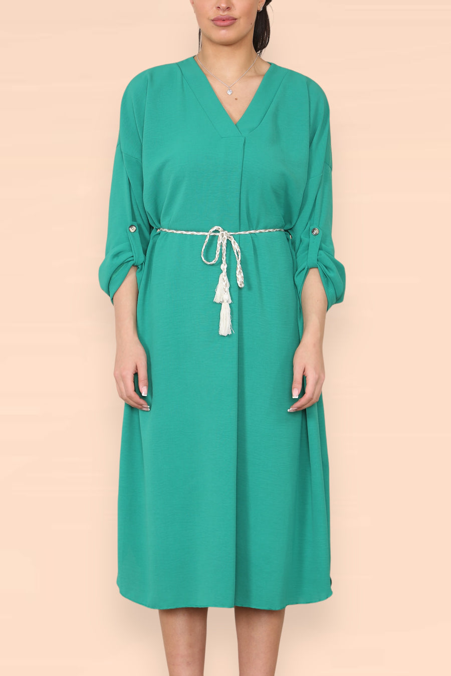 V-Neck Casual Dress with Braided Waist Tie and Sleeves