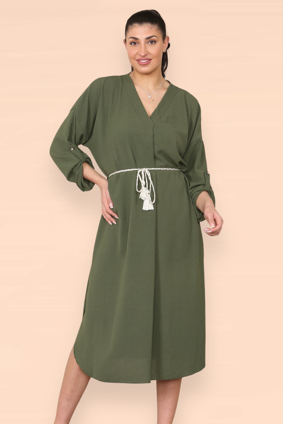 V-Neck Casual Dress with Braided Waist Tie and Sleeves