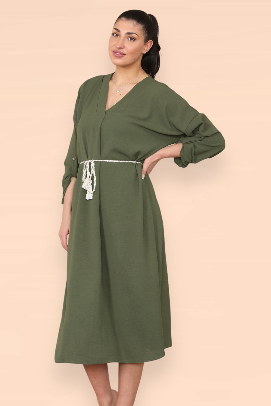 V-Neck Casual Dress with Braided Waist Tie and Sleeves