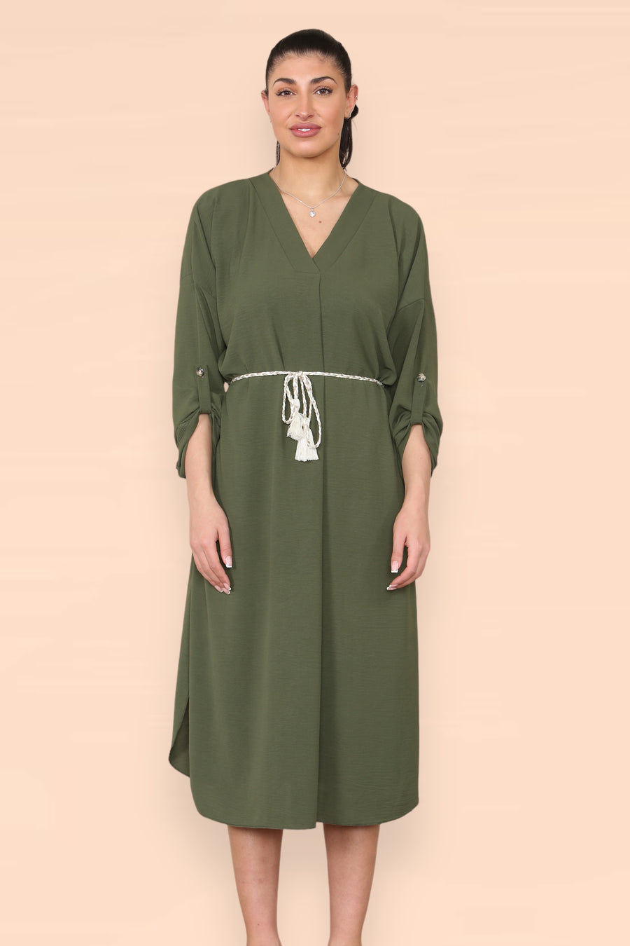 V-Neck Casual Dress with Braided Waist Tie and Sleeves