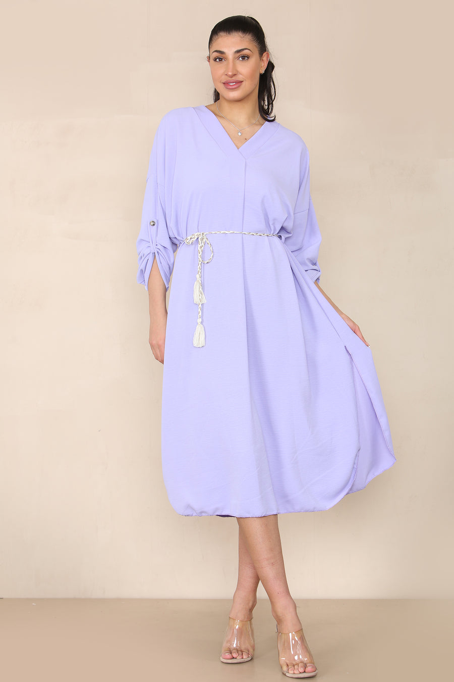 V-Neck Casual Dress with Braided Waist Tie and Sleeves