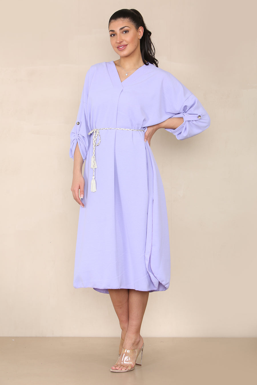 V-Neck Casual Dress with Braided Waist Tie and Sleeves