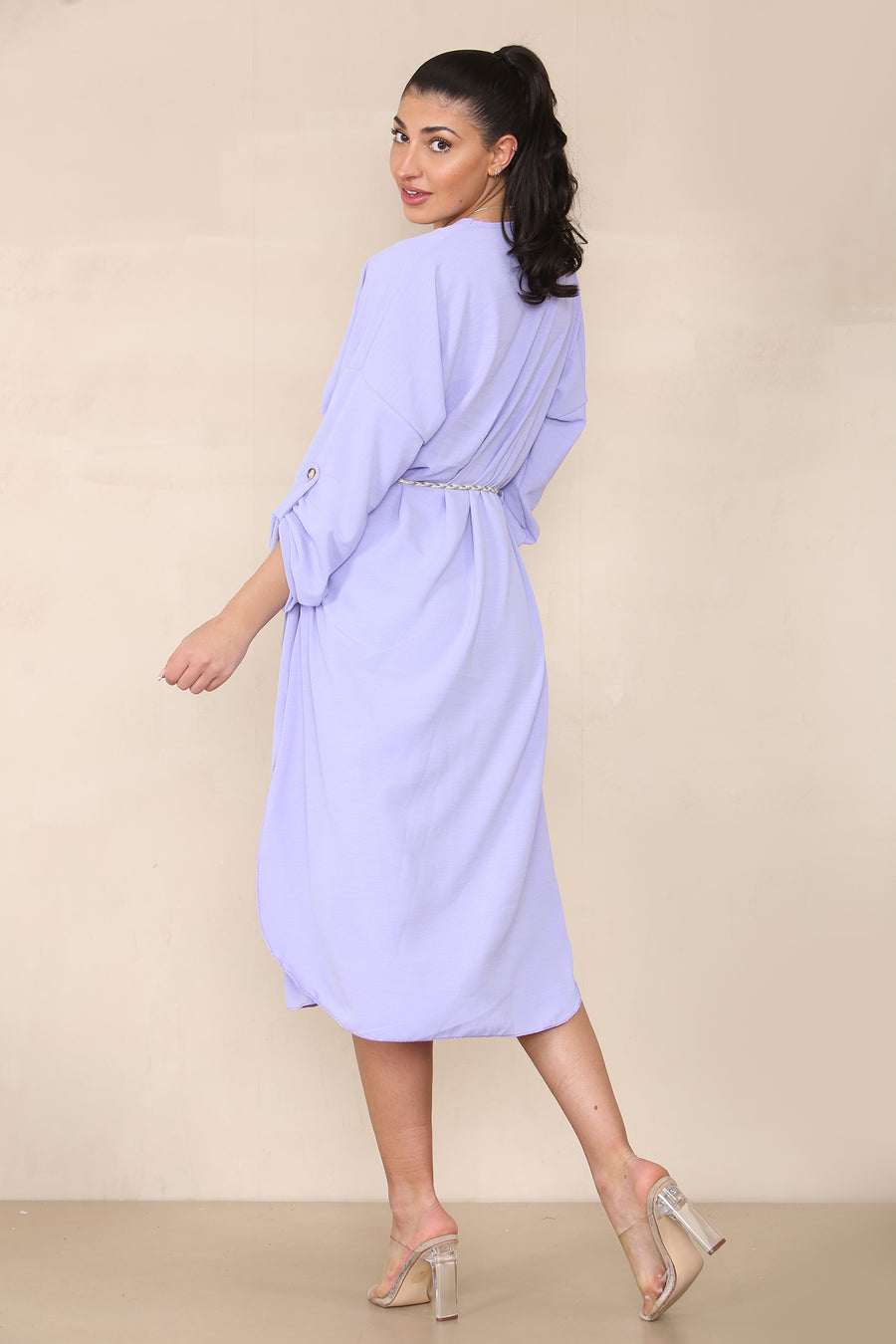 V-Neck Casual Dress with Braided Waist Tie and Sleeves