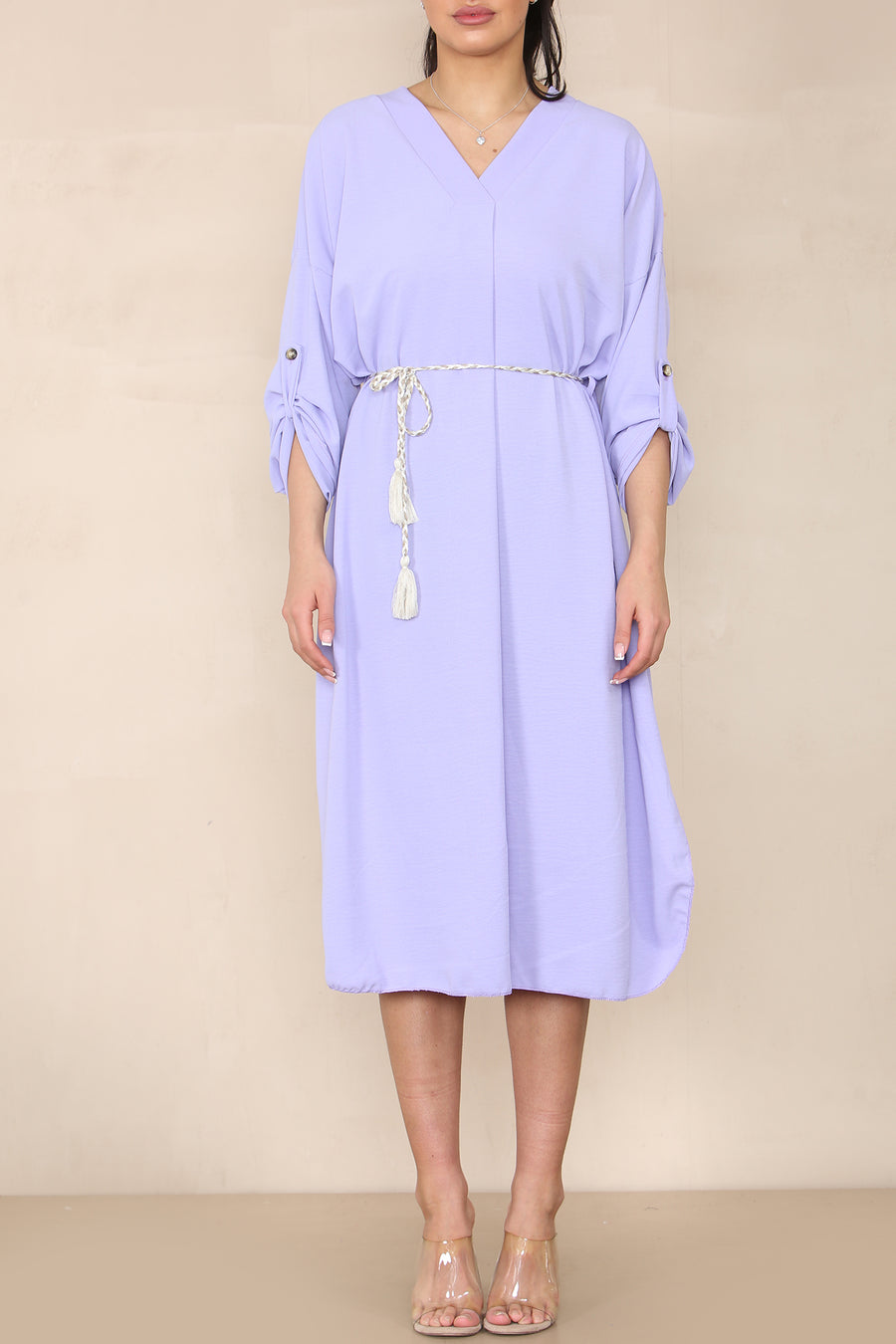 V-Neck Casual Dress with Braided Waist Tie and Sleeves