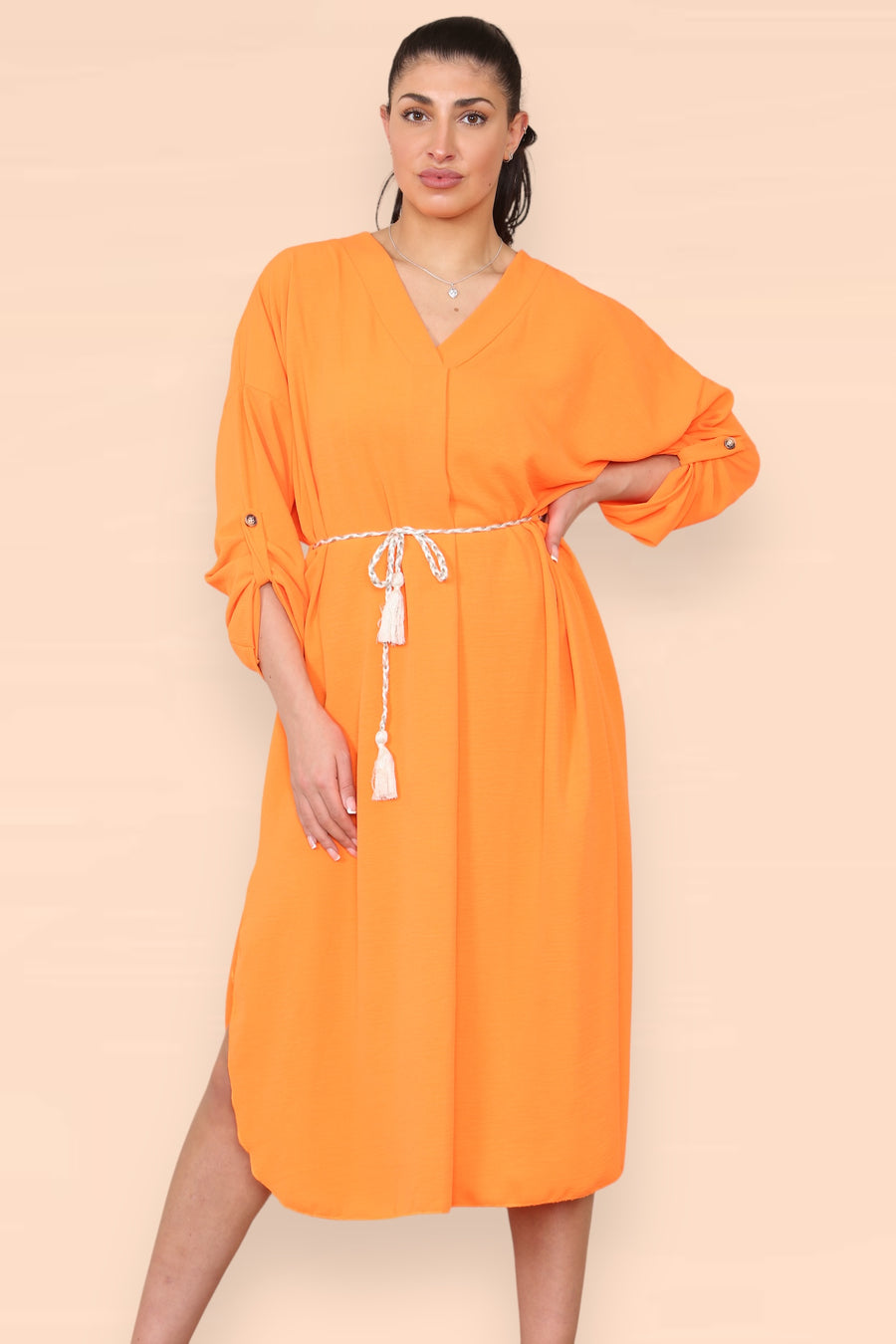 V-Neck Casual Dress with Braided Waist Tie and Sleeves