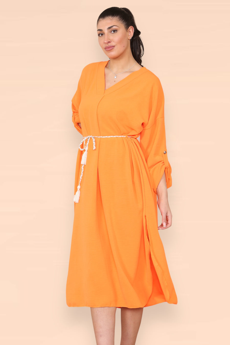 V-Neck Casual Dress with Braided Waist Tie and Sleeves