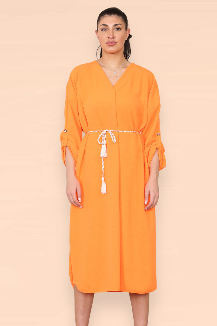 V-Neck Casual Dress with Braided Waist Tie and Sleeves