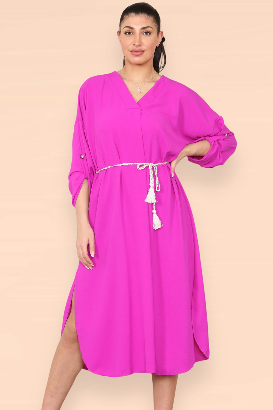 V-Neck Casual Dress with Braided Waist Tie and Sleeves