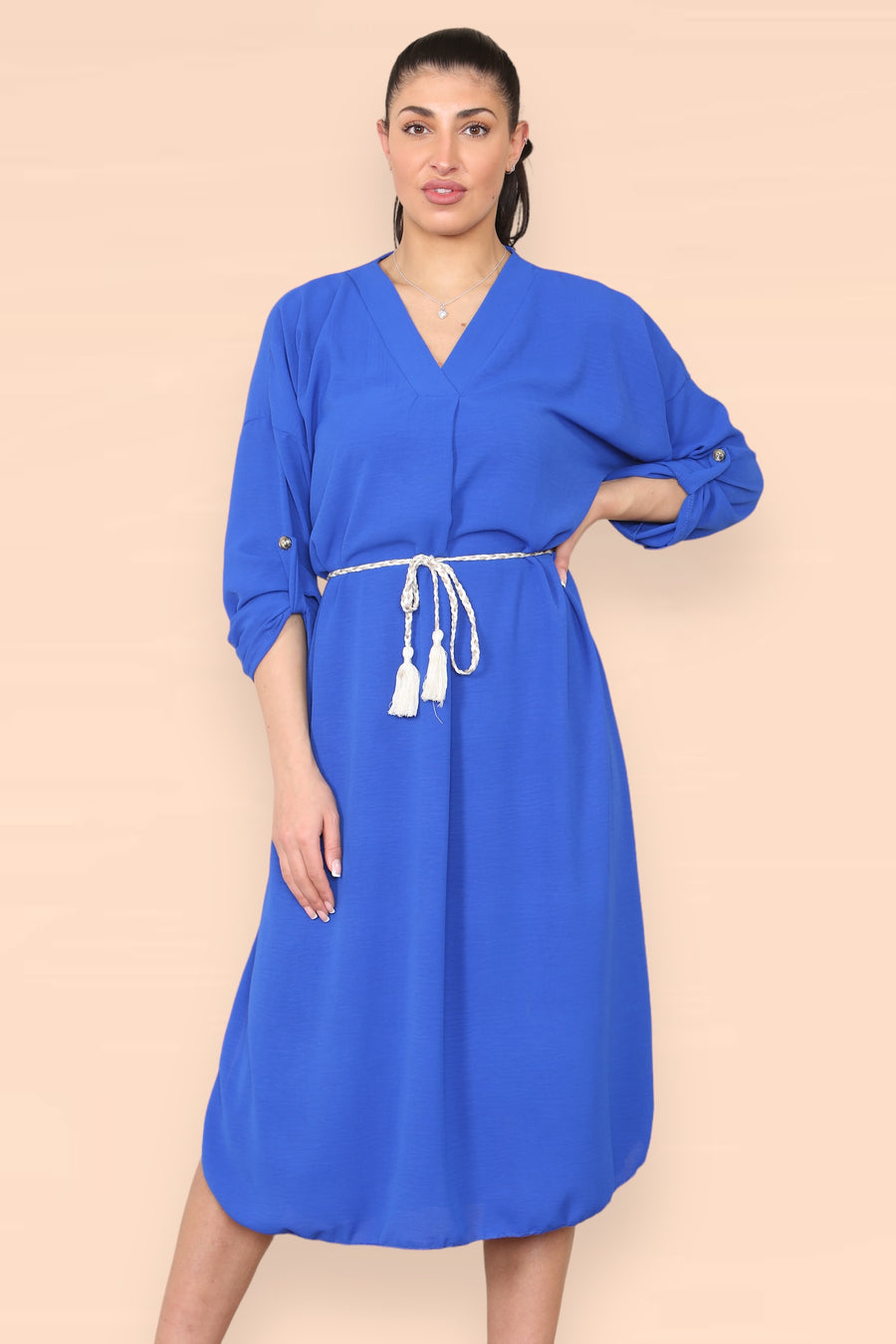 V-Neck Casual Dress with Braided Waist Tie and Sleeves