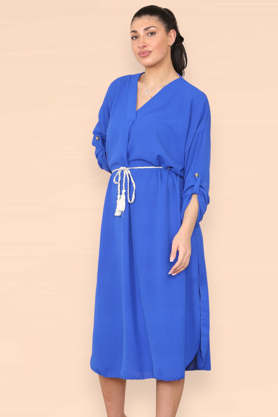 V-Neck Casual Dress with Braided Waist Tie and Sleeves