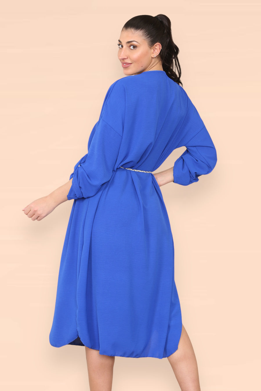 V-Neck Casual Dress with Braided Waist Tie and Sleeves