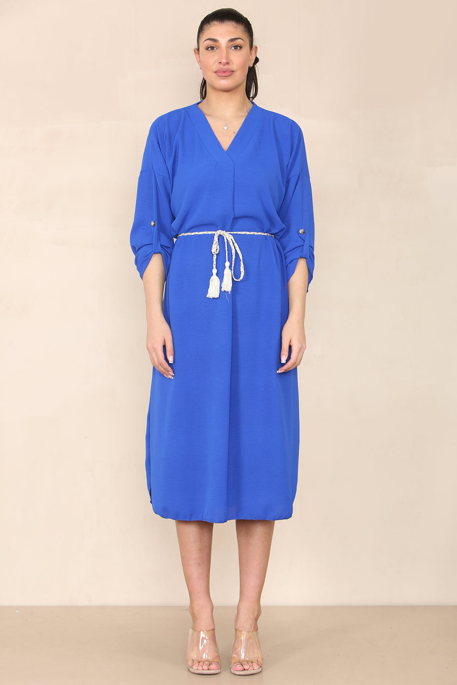 V-Neck Casual Dress with Braided Waist Tie and Sleeves