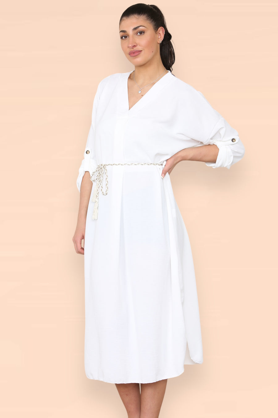 V-Neck Casual Dress with Braided Waist Tie and Sleeves