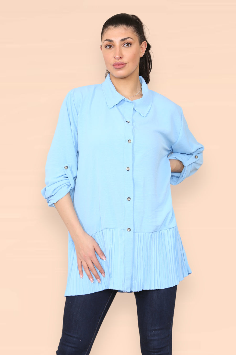 Pleated Hem Panel Shirt with Marbled Look Buttons and Sleeves