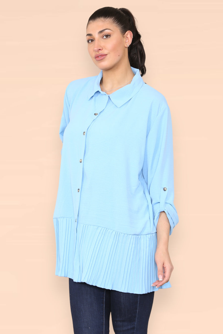 Pleated Hem Panel Shirt with Marbled Look Buttons and Sleeves