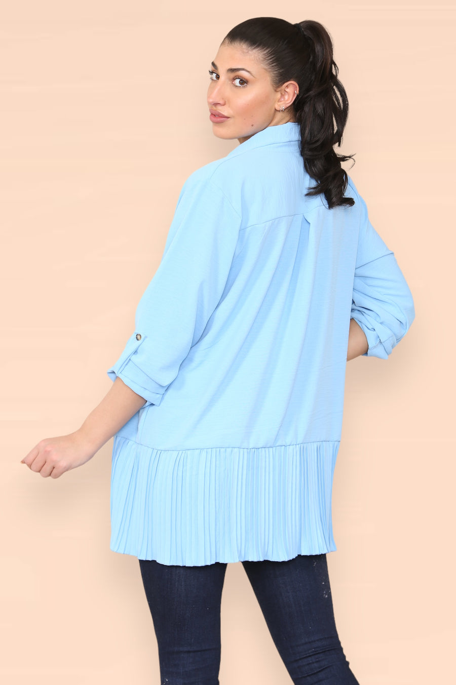 Pleated Hem Panel Shirt with Marbled Look Buttons and Sleeves