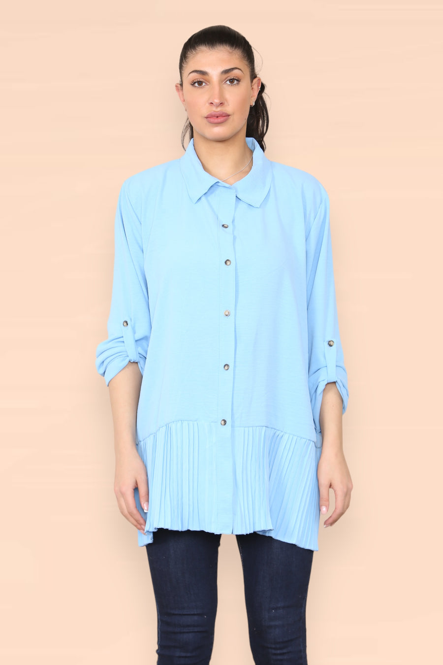 Pleated Hem Panel Shirt with Marbled Look Buttons and Sleeves