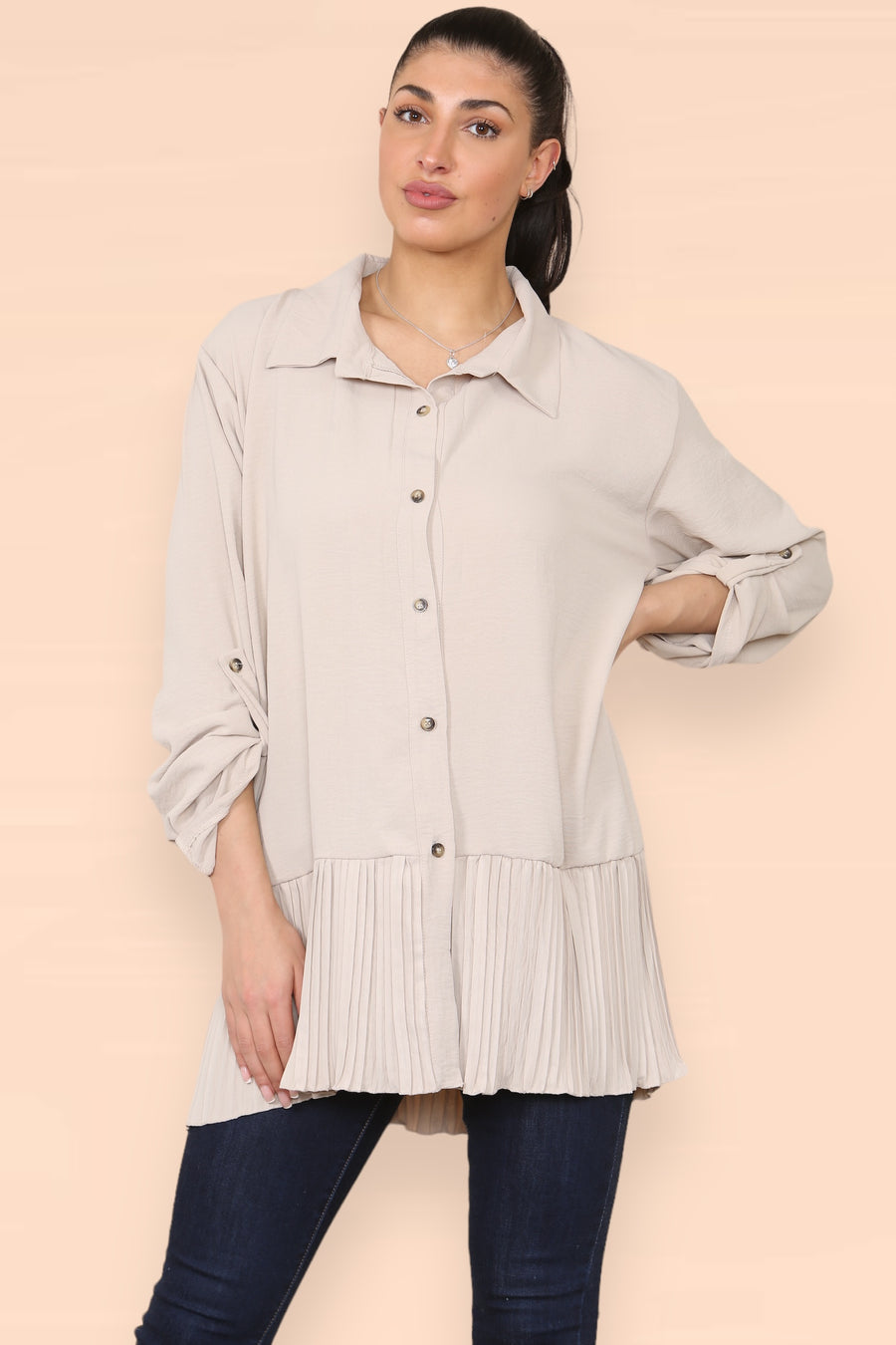 Pleated Hem Panel Shirt with Marbled Look Buttons and Sleeves