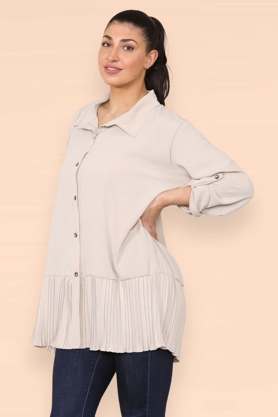 Pleated Hem Panel Shirt with Marbled Look Buttons and Sleeves