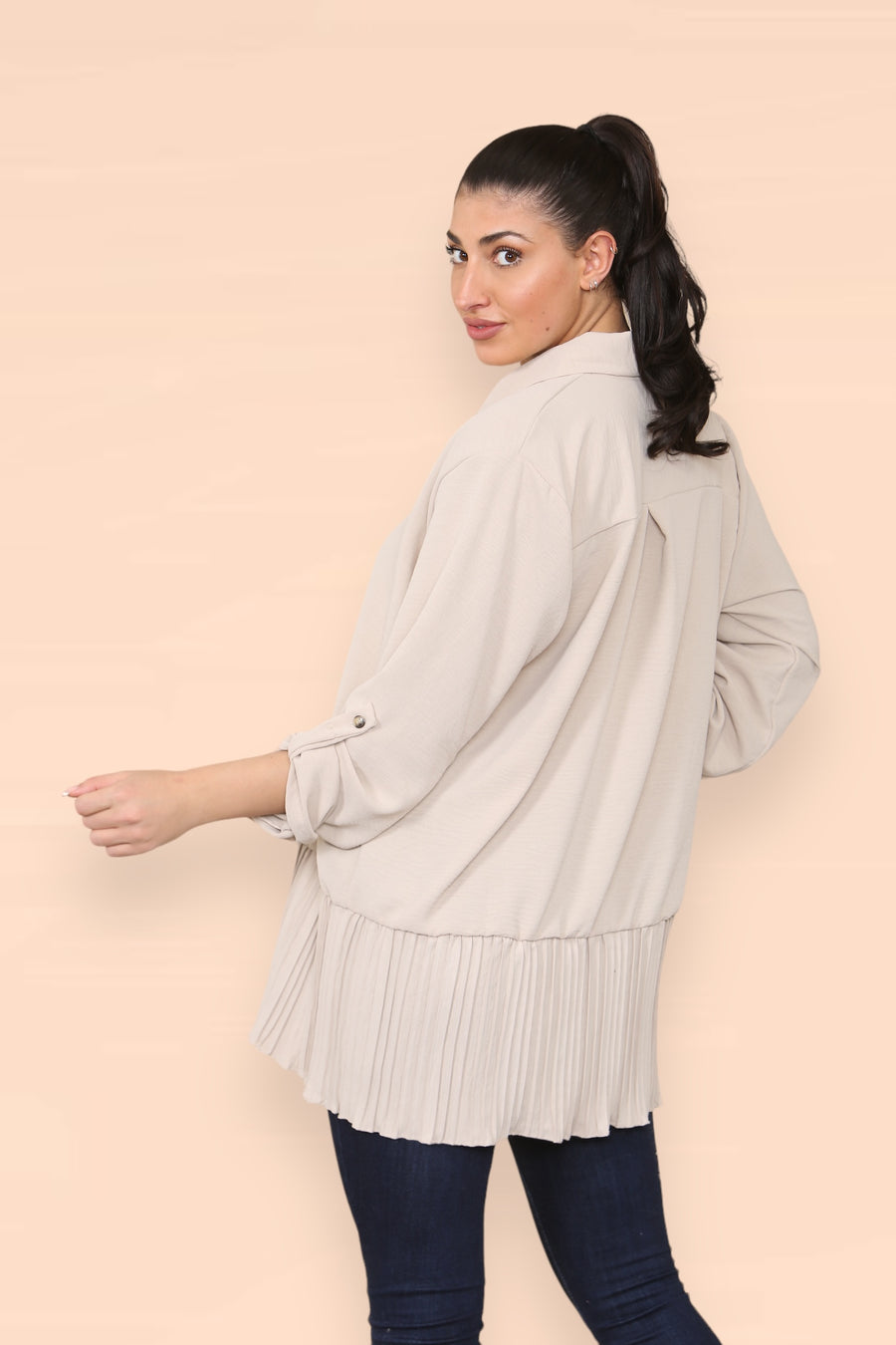 Pleated Hem Panel Shirt with Marbled Look Buttons and Sleeves