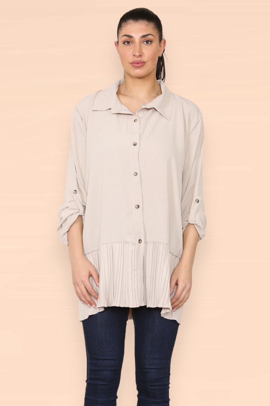 Pleated Hem Panel Shirt with Marbled Look Buttons and Sleeves