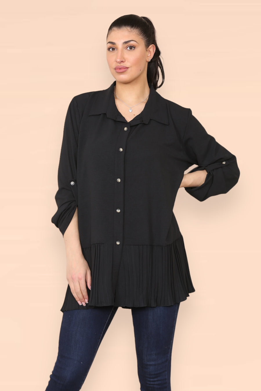 Pleated Hem Panel Shirt with Marbled Look Buttons and Sleeves