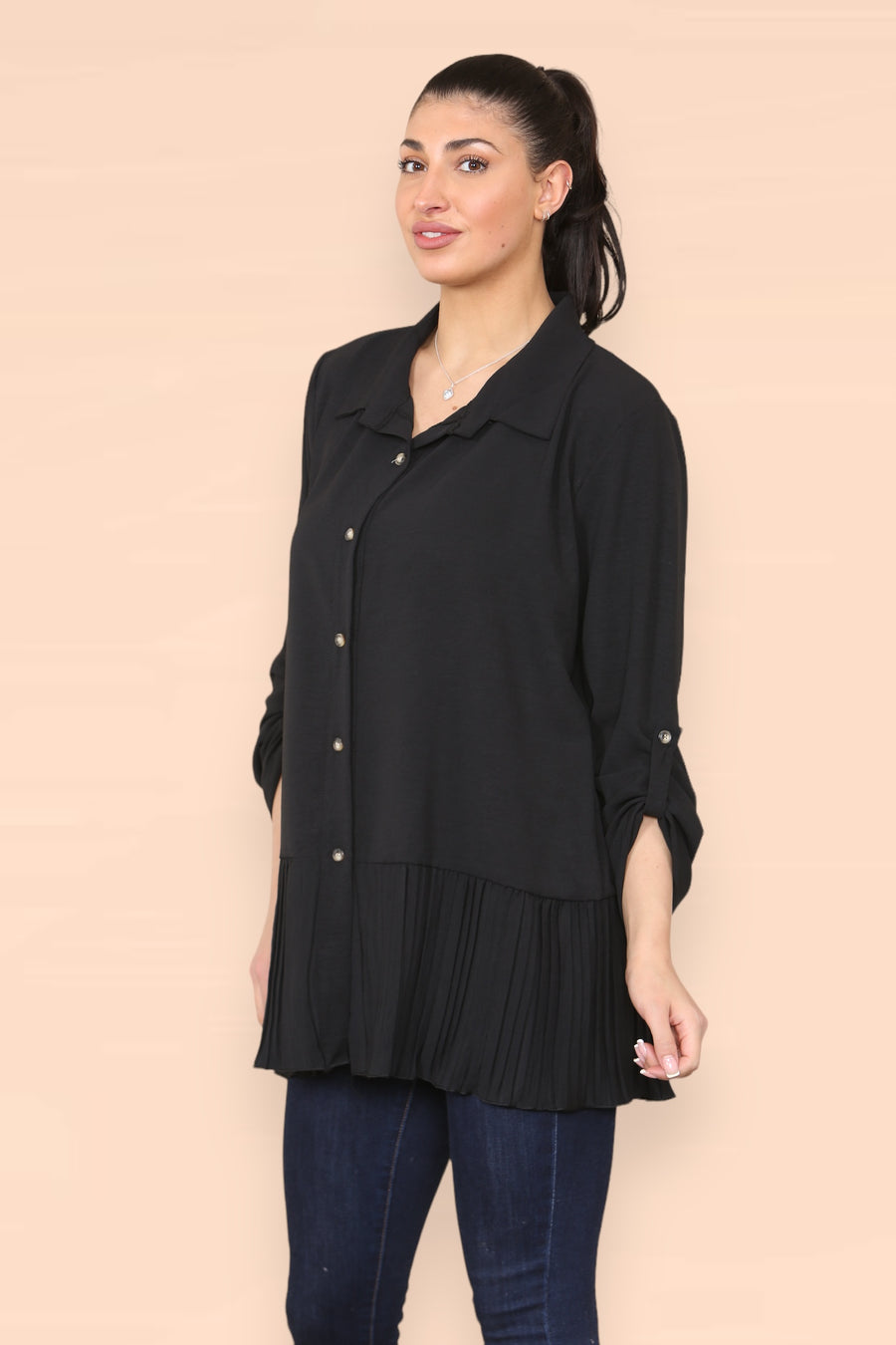 Pleated Hem Panel Shirt with Marbled Look Buttons and Sleeves