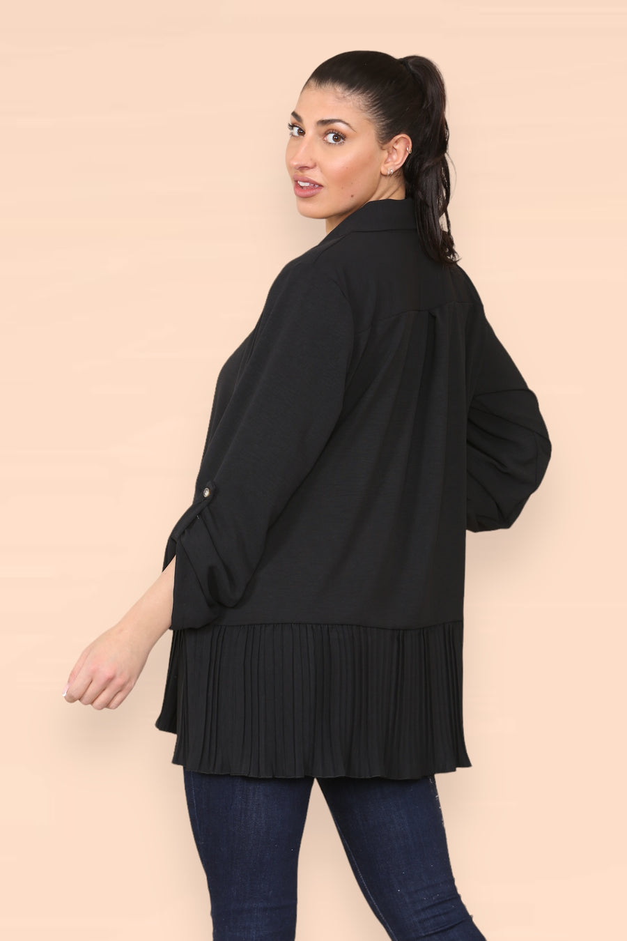 Pleated Hem Panel Shirt with Marbled Look Buttons and Sleeves