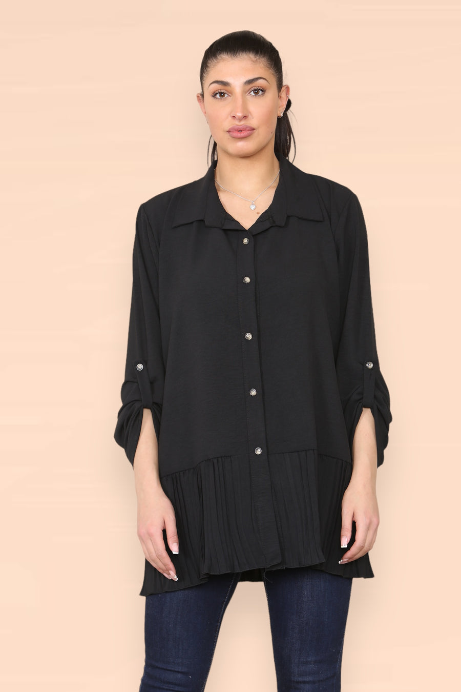 Pleated Hem Panel Shirt with Marbled Look Buttons and Sleeves