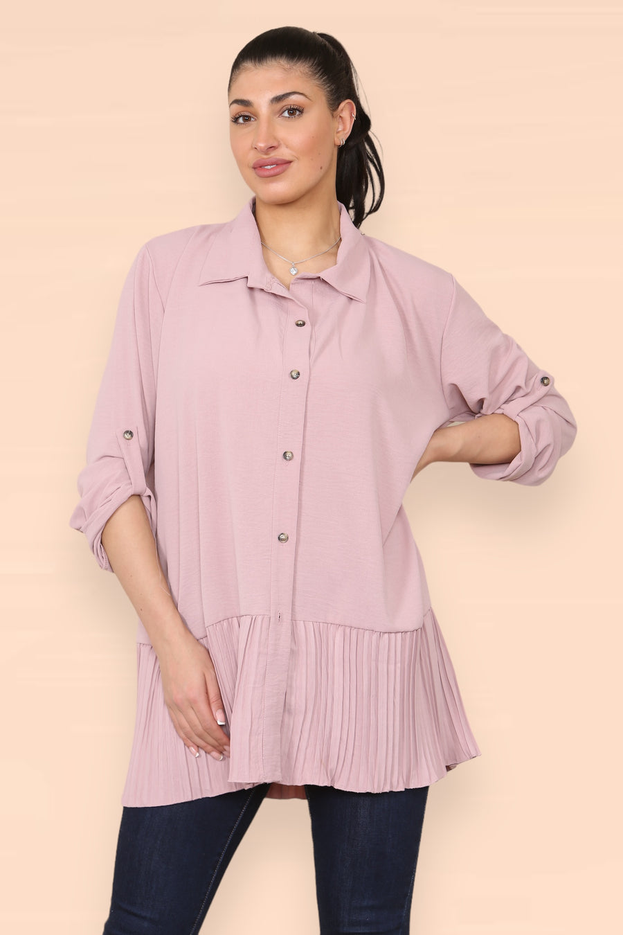 Pleated Hem Panel Shirt with Marbled Look Buttons and Sleeves