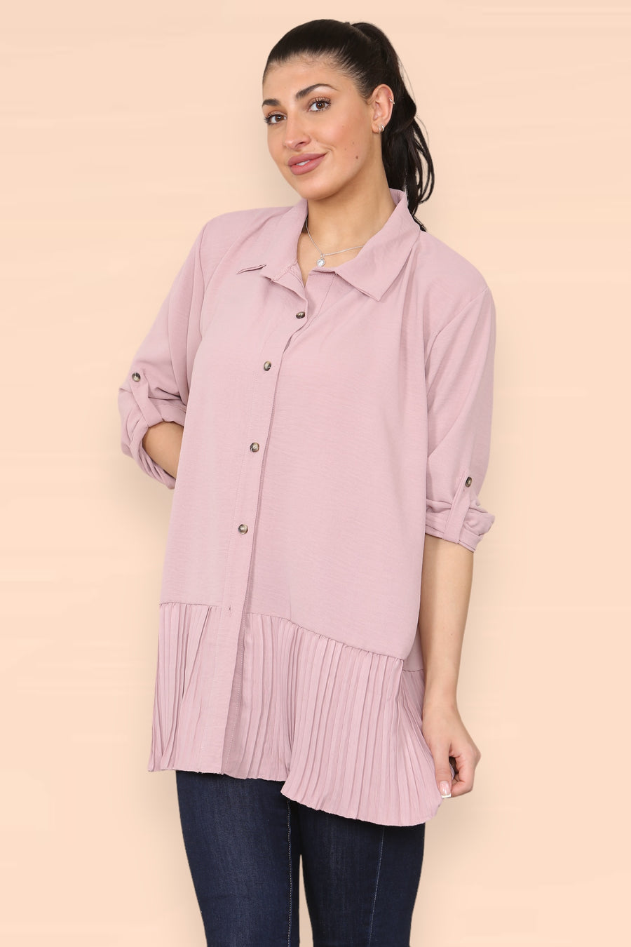 Pleated Hem Panel Shirt with Marbled Look Buttons and Sleeves