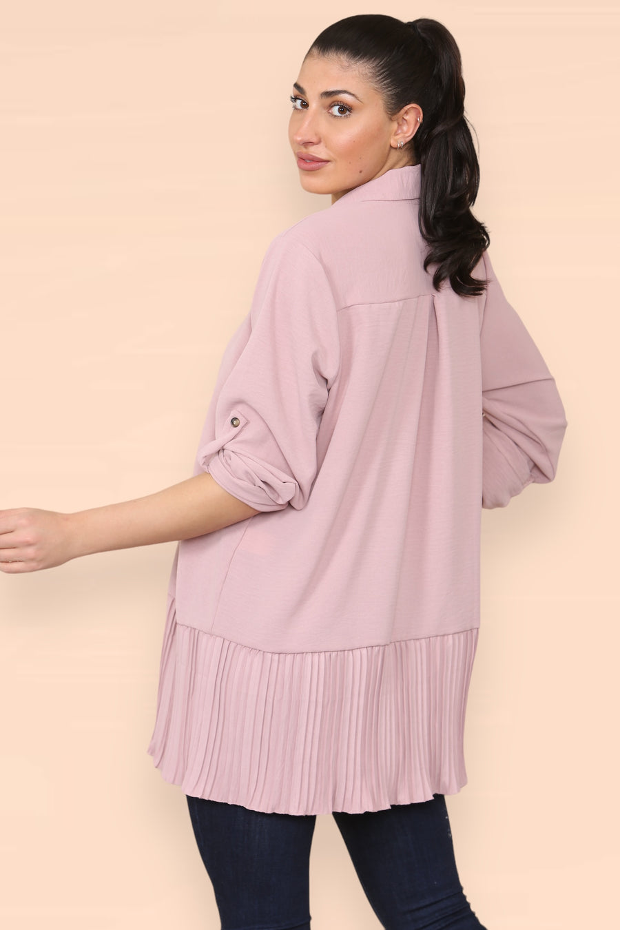 Pleated Hem Panel Shirt with Marbled Look Buttons and Sleeves