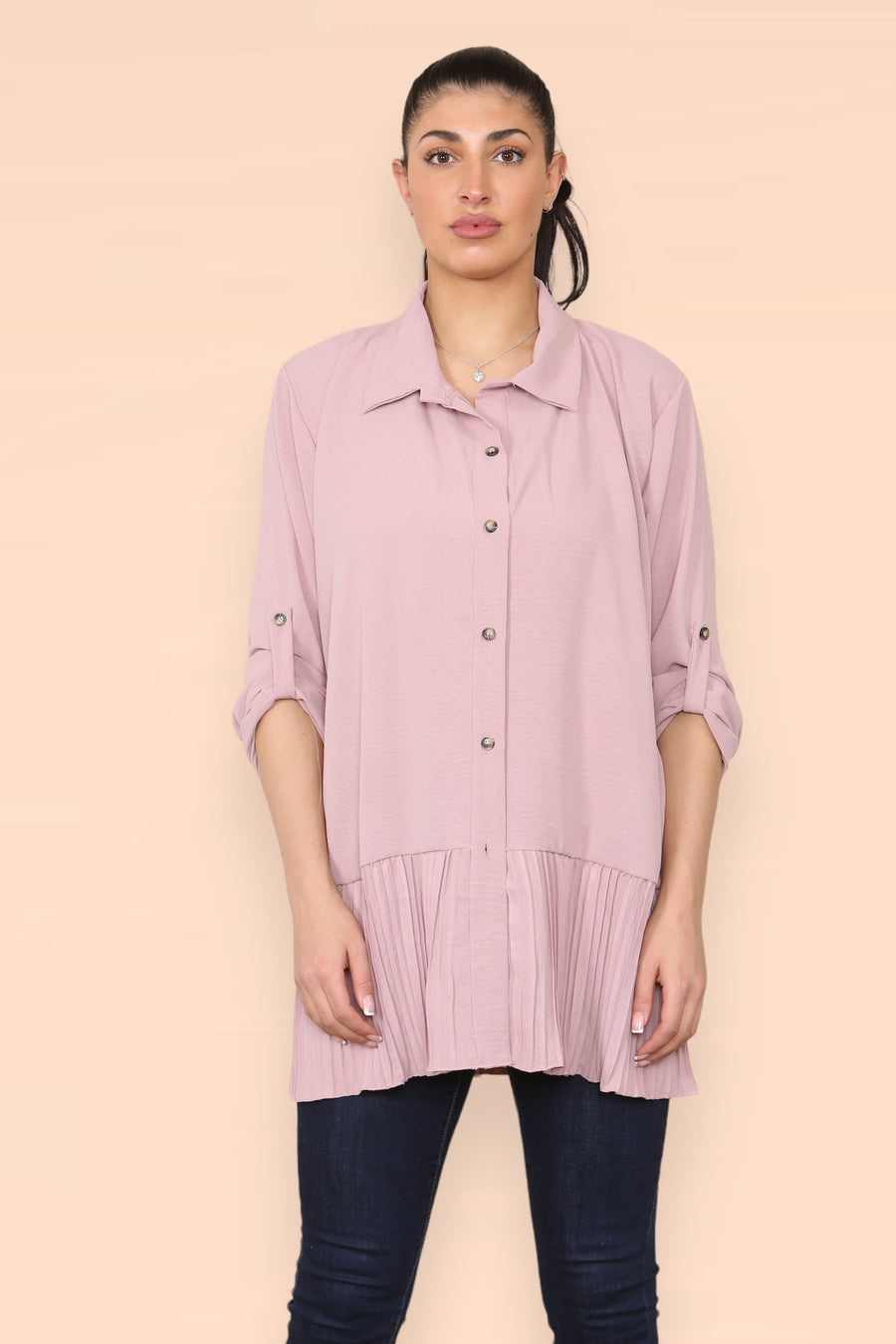 Pleated Hem Panel Shirt with Marbled Look Buttons and Sleeves