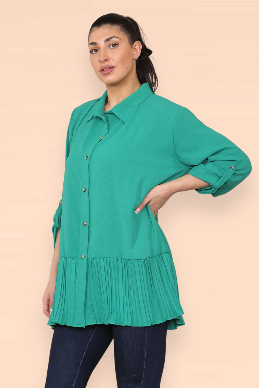 Pleated Hem Panel Shirt with Marbled Look Buttons and Sleeves