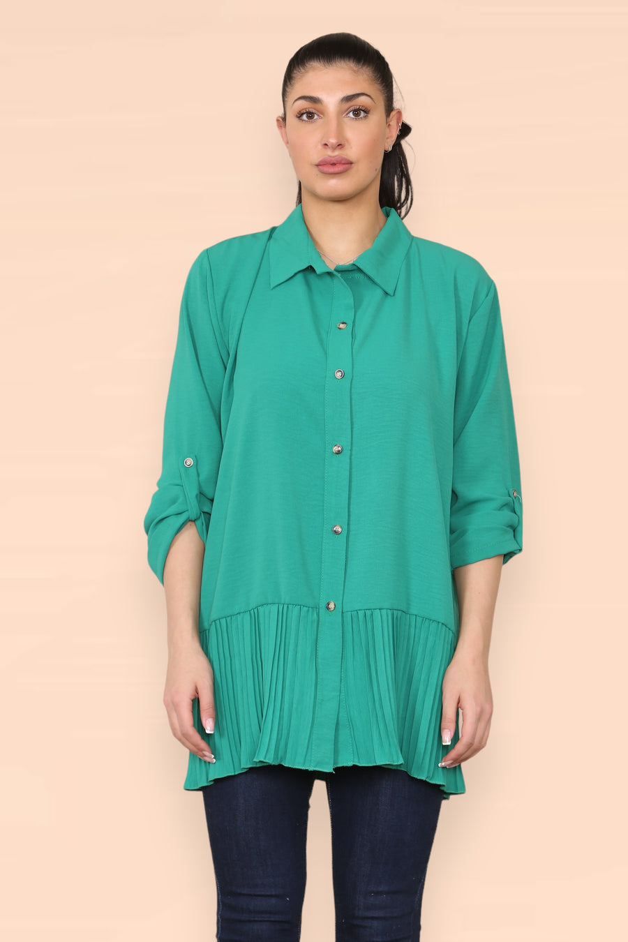 Pleated Hem Panel Shirt with Marbled Look Buttons and Sleeves