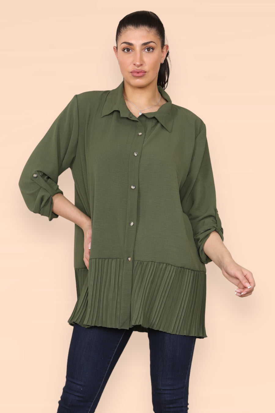 Pleated Hem Panel Shirt with Marbled Look Buttons and Sleeves