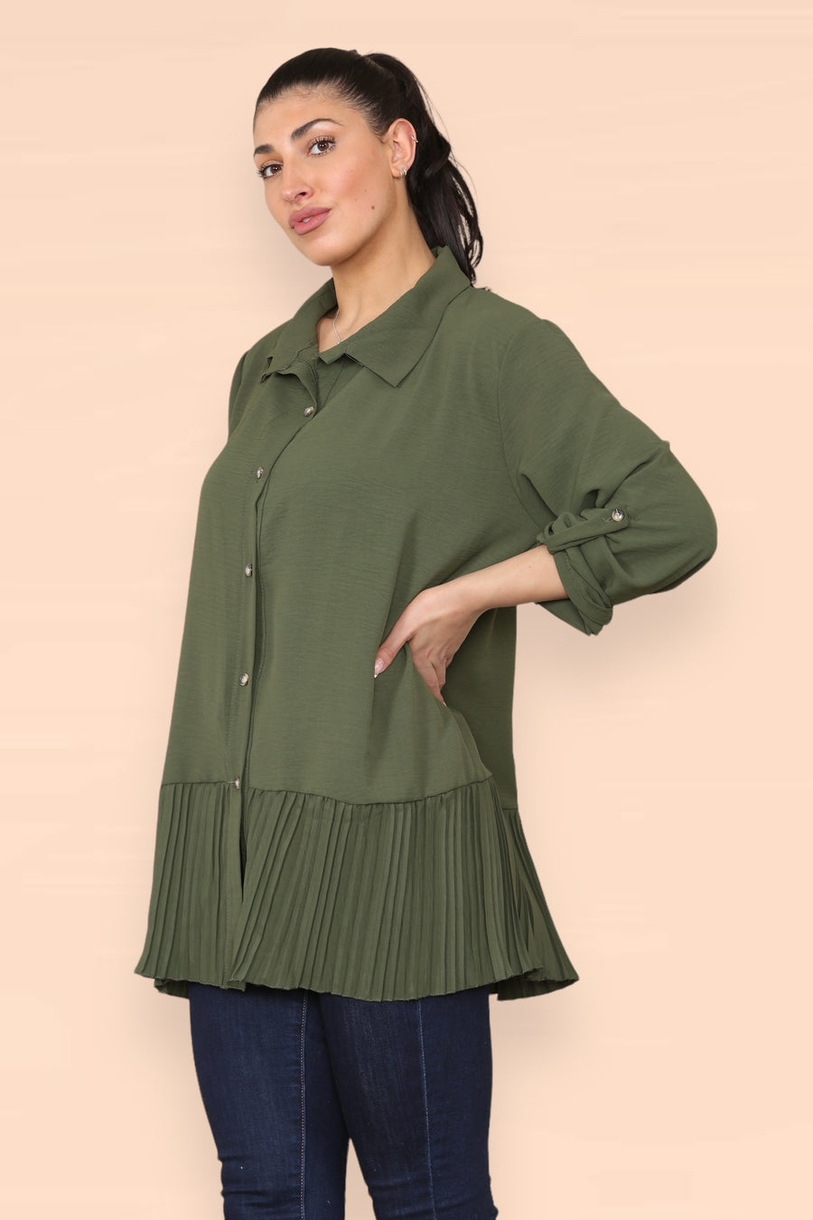 Pleated Hem Panel Shirt with Marbled Look Buttons and Sleeves