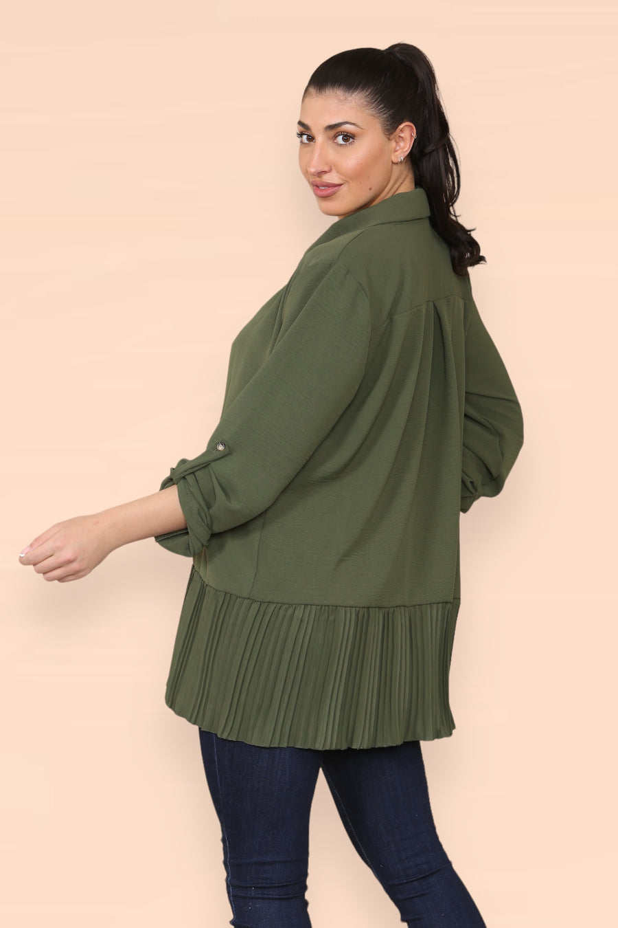 Pleated Hem Panel Shirt with Marbled Look Buttons and Sleeves