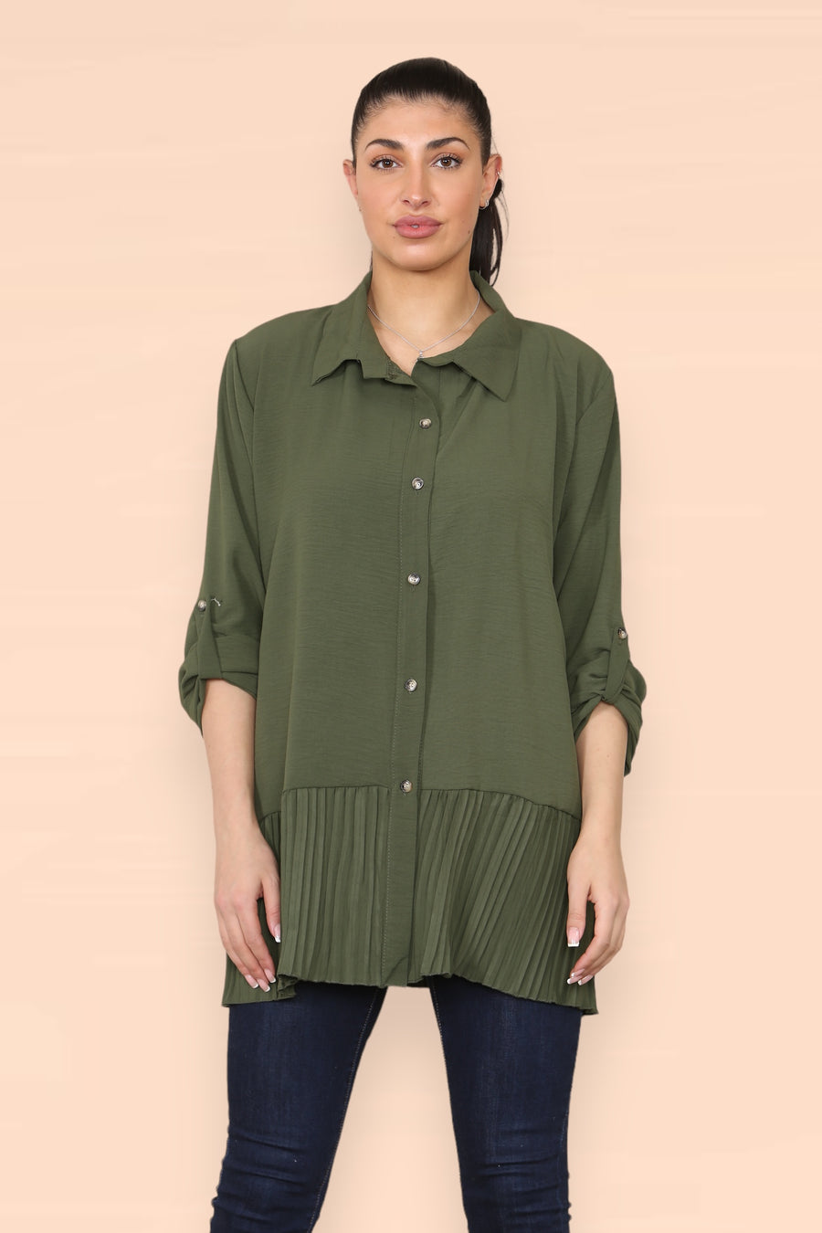 Pleated Hem Panel Shirt with Marbled Look Buttons and Sleeves