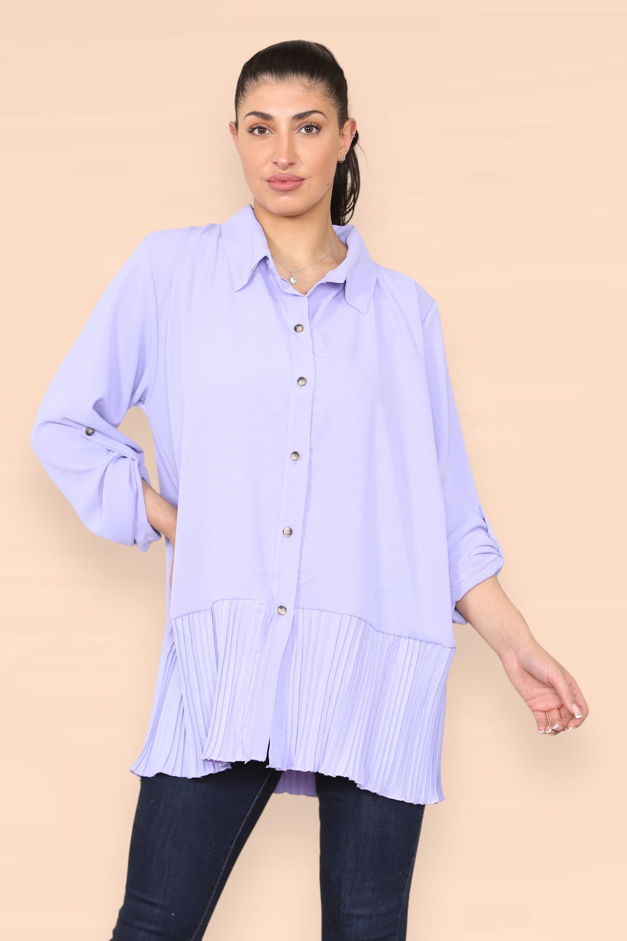 Pleated Hem Panel Shirt with Marbled Look Buttons and Sleeves