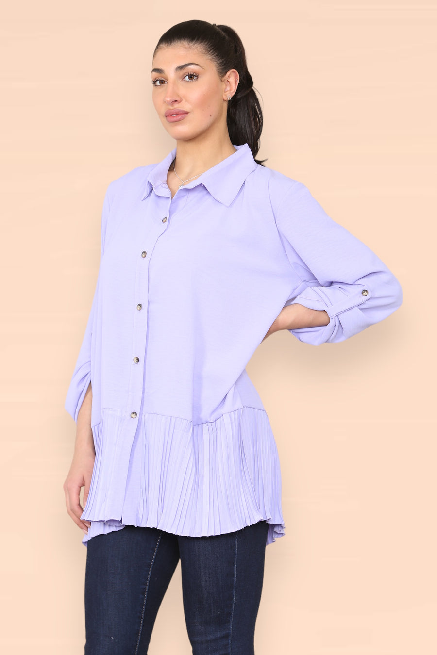 Pleated Hem Panel Shirt with Marbled Look Buttons and Sleeves