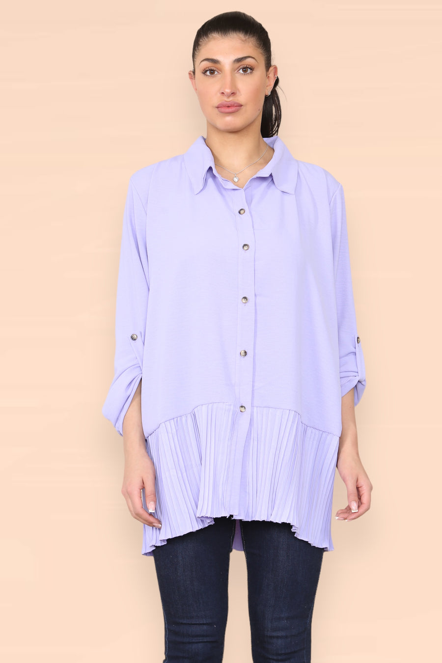 Pleated Hem Panel Shirt with Marbled Look Buttons and Sleeves