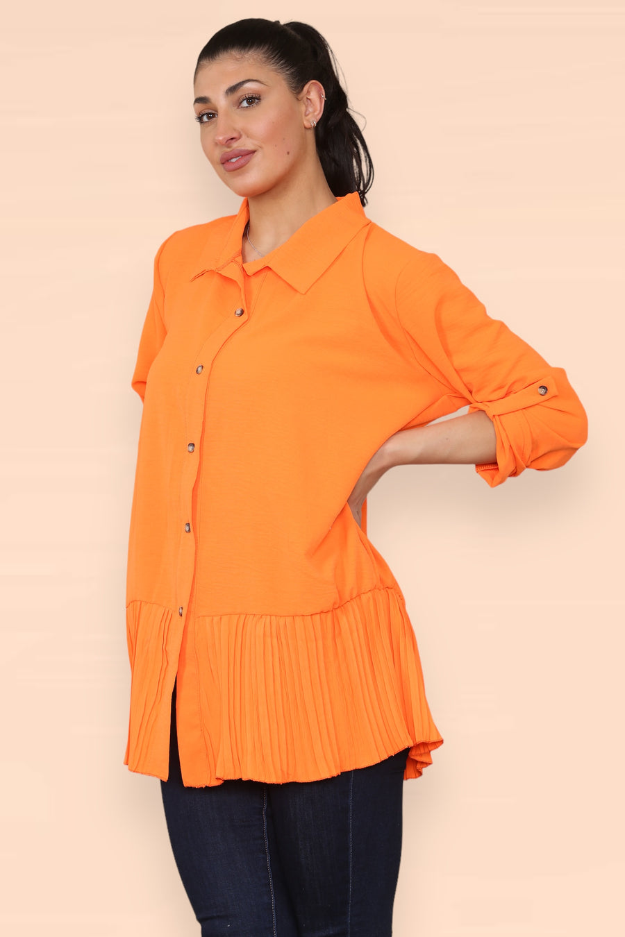 Pleated Hem Panel Shirt with Marbled Look Buttons and Sleeves