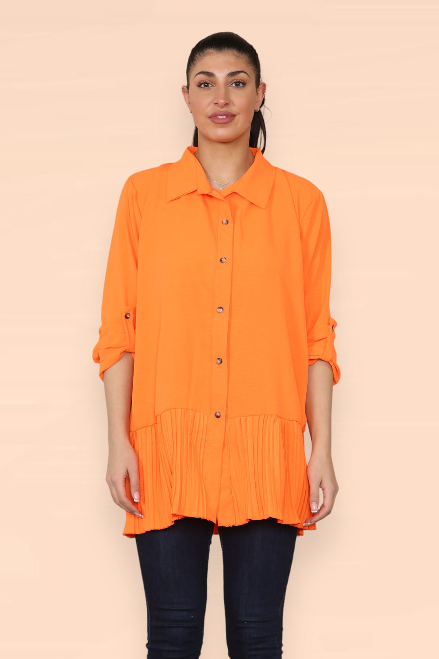 Pleated Hem Panel Shirt with Marbled Look Buttons and Sleeves