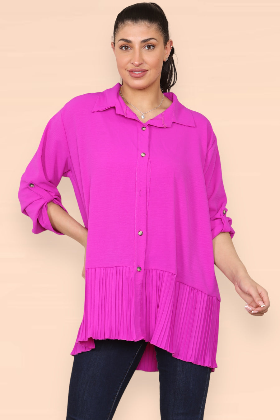 Pleated Hem Panel Shirt with Marbled Look Buttons and Sleeves