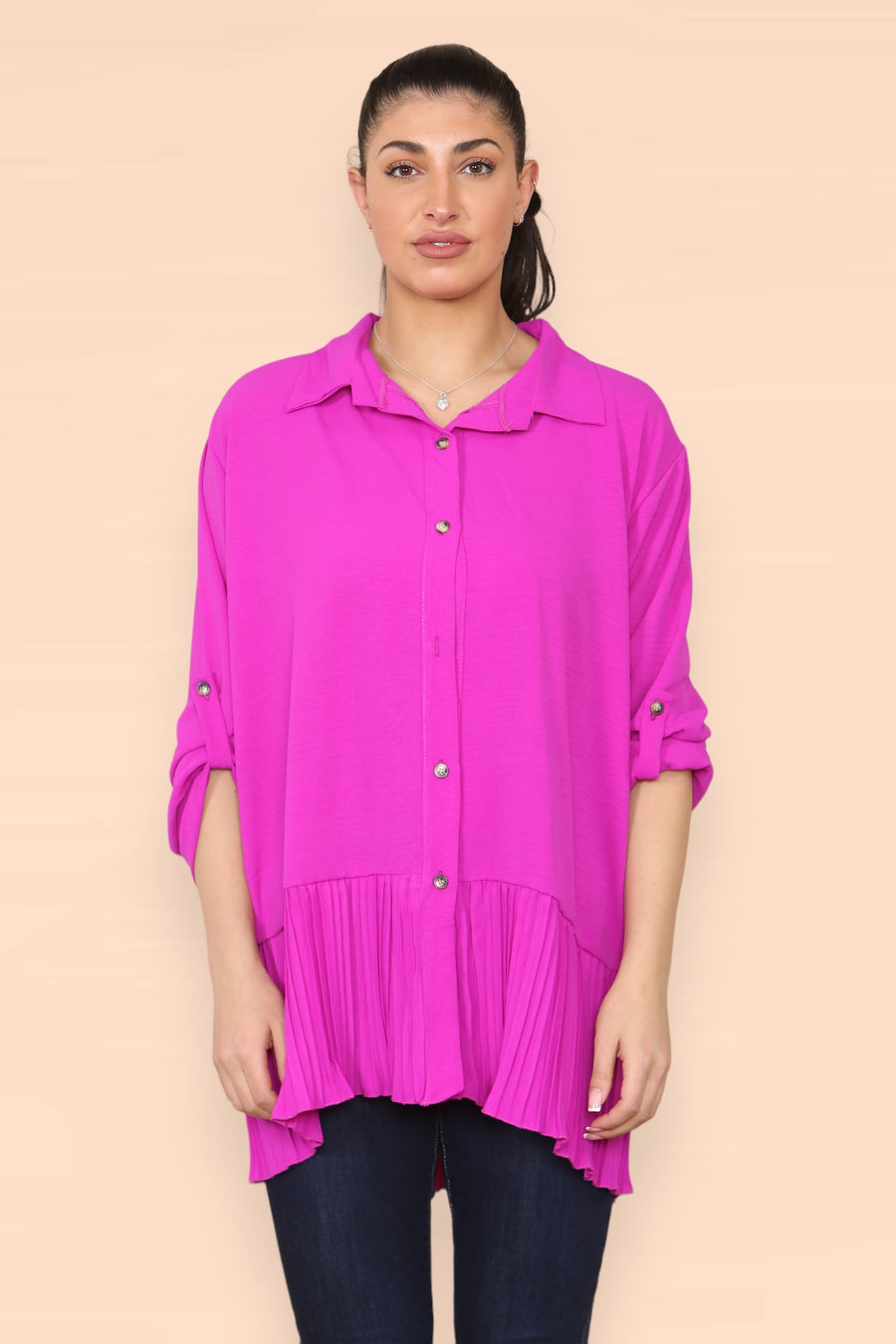 Pleated Hem Panel Shirt with Marbled Look Buttons and Sleeves