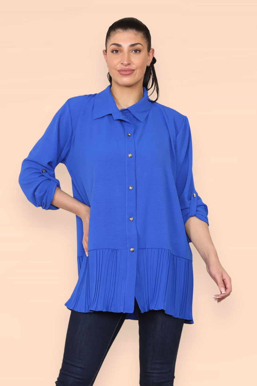 Pleated Hem Panel Shirt with Marbled Look Buttons and Sleeves