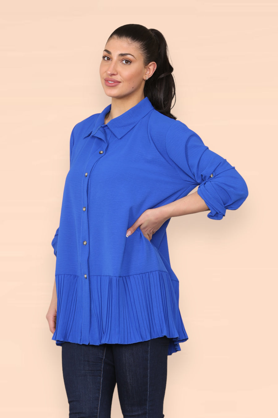 Pleated Hem Panel Shirt with Marbled Look Buttons and Sleeves