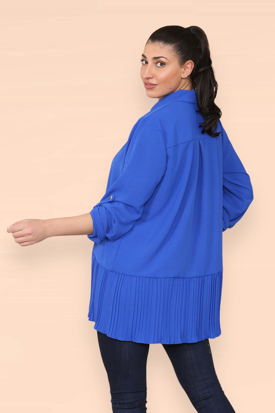 Pleated Hem Panel Shirt with Marbled Look Buttons and Sleeves